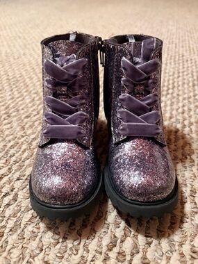 Old Navy Pewter Glitter Combat Boots Side Zip Girls Sz 10
